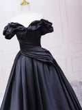 Pretty Ball Gown Off The Shoulder Black Satin Prom Dresses Evening Dress With Pleated HZ1022