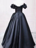 Pretty Ball Gown Off The Shoulder Black Satin Prom Dresses Evening Dress With Pleated HZ1022