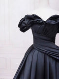 Pretty Ball Gown Off The Shoulder Black Satin Prom Dresses Evening Dress With Pleated HZ1022