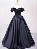 Pretty Ball Gown Off The Shoulder Black Satin Prom Dresses Evening Dress With Pleated HZ1022