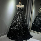 Pretty Ball Gown Strapless Black Sequin Prom Dresses Evening Dress HZ1022