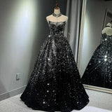 Pretty Ball Gown Strapless Black Sequin Prom Dresses Evening Dress HZ1022
