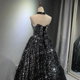Pretty Ball Gown Strapless Black Sequin Prom Dresses Evening Dress HZ1022