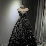 Pretty Ball Gown Strapless Black Sequin Prom Dresses Evening Dress HZ1022