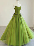 Pretty Ball Gown Strapless Bud Green Tulle Prom Dresses Evening Dress HZ1022