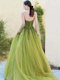 Pretty Ball Gown Strapless Bud Green Tulle Prom Dresses Evening Dress HZ1022