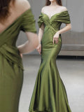 Sexy Mermaid Off The Shoulder Olive Green Satin Long Formal Dress Prom Dresses HZ1022