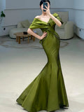 Sexy Mermaid Off The Shoulder Olive Green Satin Long Formal Dress Prom Dresses HZ1022