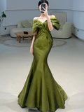Sexy Mermaid Off The Shoulder Olive Green Satin Long Formal Dress Prom Dresses HZ1022
