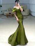 Sexy Mermaid Off The Shoulder Olive Green Satin Long Formal Dress Prom Dresses HZ1022