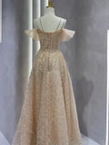 Vintage A Line Straps Champagne Tulle Long Prom Dresses Party Evening Dress HZ1022