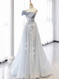 Vintage A Line Strapless Light Sky Blue Tulle Long Prom Dresses Party Evening Dress HZ1022
