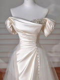 Vintage Sheath Off The Shoulder Satin Long Prom Dresses Party Evening Dress HZ1022