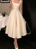 Vintage A-Line Square Neckline Satin Prom Dress Long Formal Dresses HZ1022