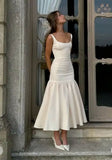 Vintage Mermaid Square Neckline White Ruffles Long Prom Dress Formal Dresses HZ1022