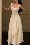 Vintage A line Square Neckline White Ruffles Chiffon Long Prom Dress Formal Dresses HZ1022