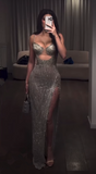 Vintage Sheath Spaghetti Straps Silver Beads Slit Long Prom Dress Formal Dresses HZ1022
