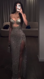 Vintage Sheath Spaghetti Straps Silver Beads Slit Long Prom Dress Formal Dresses HZ1022