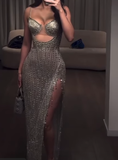 Vintage Sheath Spaghetti Straps Silver Beads Slit Long Prom Dress Formal Dresses HZ1022