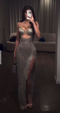 Vintage Sheath Spaghetti Straps Silver Beads Slit Long Prom Dress Formal Dresses HZ1022