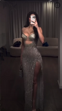 Vintage Sheath Spaghetti Straps Silver Beads Slit Long Prom Dress Formal Dresses HZ1022