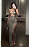 Vintage Sheath Spaghetti Straps Silver Beads Slit Long Prom Dress Formal Dresses HZ1022