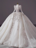 Long-sleeved V-neck French-style luxurious floor-length white wedding dress HZ1022