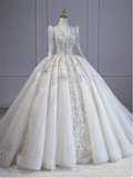 Long-sleeved V-neck French-style luxurious floor-length white wedding dress HZ1022