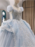 French blue princess puff sleeve dreamy wedding dress HZ1022