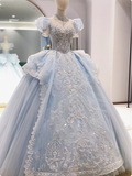 French blue princess puff sleeve dreamy wedding dress HZ1022