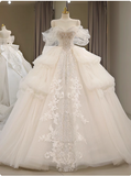 White one-shoulder sweetheart neck tulle luxury heavy-work runaway princess wedding dress HZ1022
