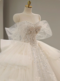 White one-shoulder sweetheart neck tulle luxury heavy-work runaway princess wedding dress HZ1022