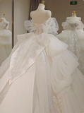 White one-shoulder sweetheart neck tulle luxury heavy-work runaway princess wedding dress HZ1022