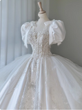 White French V-neck short-sleeved bow pearl luxury heavy-work floor-length wedding dress HZ1022