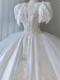 White French V-neck short-sleeved bow pearl luxury heavy-work floor-length wedding dress HZ1022