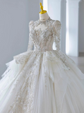 White long-sleeved tulle princess heavy luxury floor-length wedding dress HZ1022
