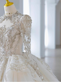 White long-sleeved tulle princess heavy luxury floor-length wedding dress HZ1022
