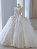 White long-sleeved tulle princess heavy luxury floor-length wedding dress HZ1022