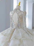 White long-sleeved tulle princess heavy luxury floor-length wedding dress HZ1022