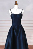 A-line Navy Blue Satin Straps Long Formal Dress Navy Blue Prom Dress HZ1022