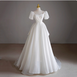White short-sleeved A-line tulle tie French simple light wedding dress HZ1022