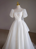 White short-sleeved A-line tulle tie French simple light wedding dress HZ1022