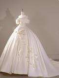 White satin A-line off-shoulder bow simple wedding dress HZ1022