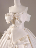 White satin A-line off-shoulder bow simple wedding dress HZ1022
