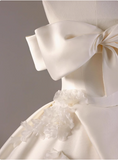 White satin A-line off-shoulder bow simple wedding dress HZ1022