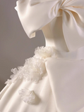 White satin A-line off-shoulder bow simple wedding dress HZ1022