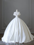 Classic V-neck bow elegant satin white light wedding dress HZ1022