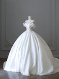 Classic V-neck bow elegant satin white light wedding dress HZ1022