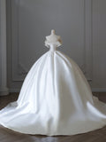 Classic V-neck bow elegant satin white light wedding dress HZ1022