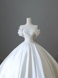 Classic V-neck bow elegant satin white light wedding dress HZ1022